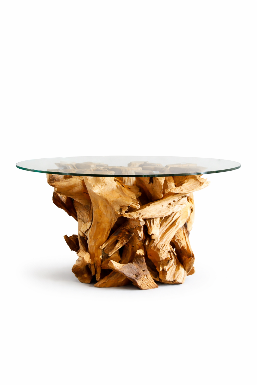 Handgearbeiteter Couchtisch IKAL Wurzelholz inkl. Glasscheibe Ø 80 cm