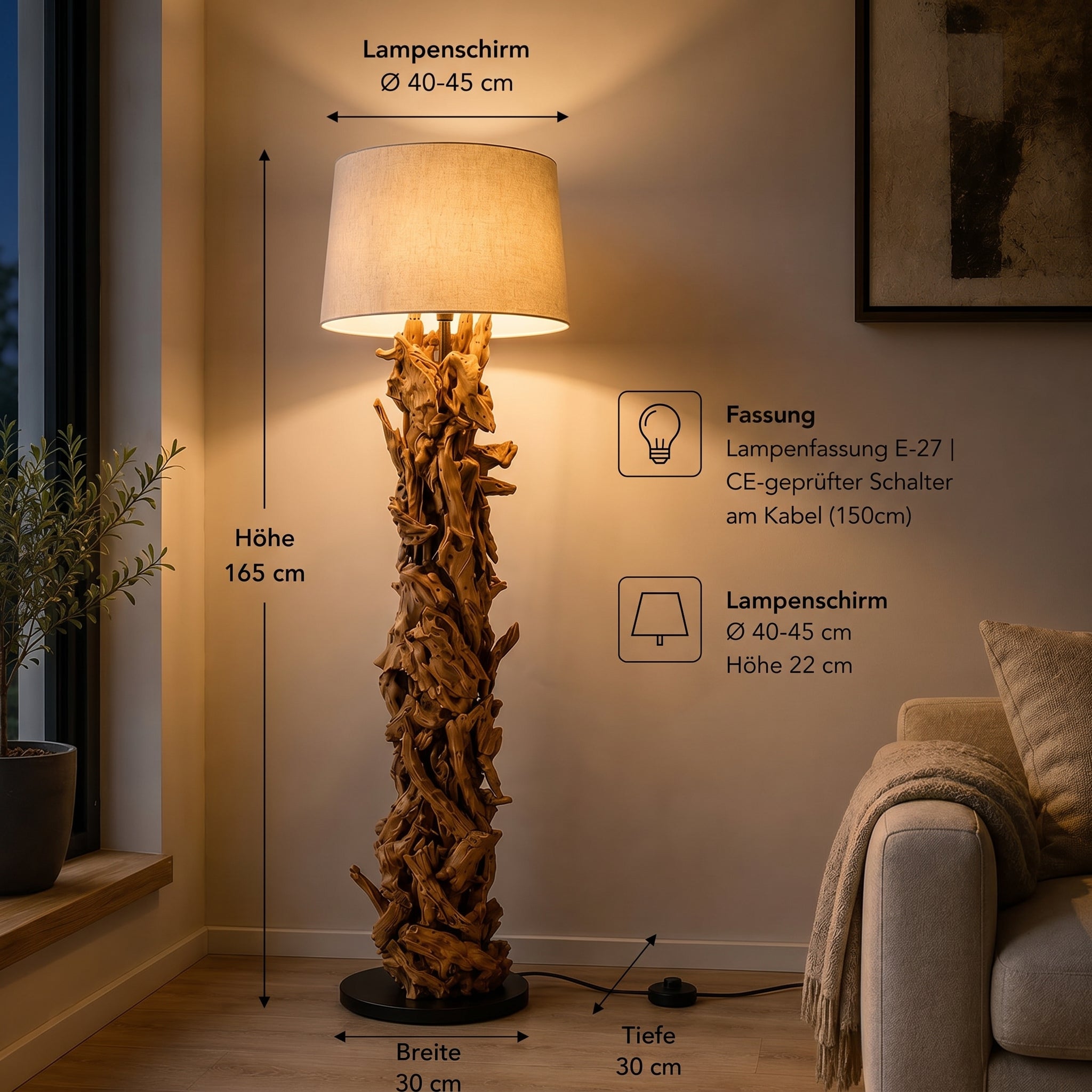 Stehlampe Treibholz CLEON | Höhe 165 cm | Lampenschirm Natur