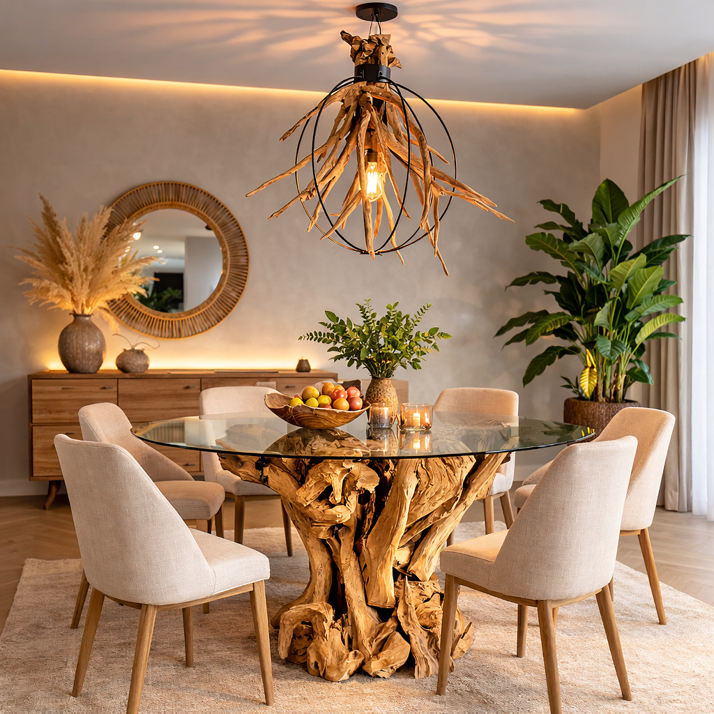 TAMBORA Wurzel Esstisch Glasplatte Ø 120 cm