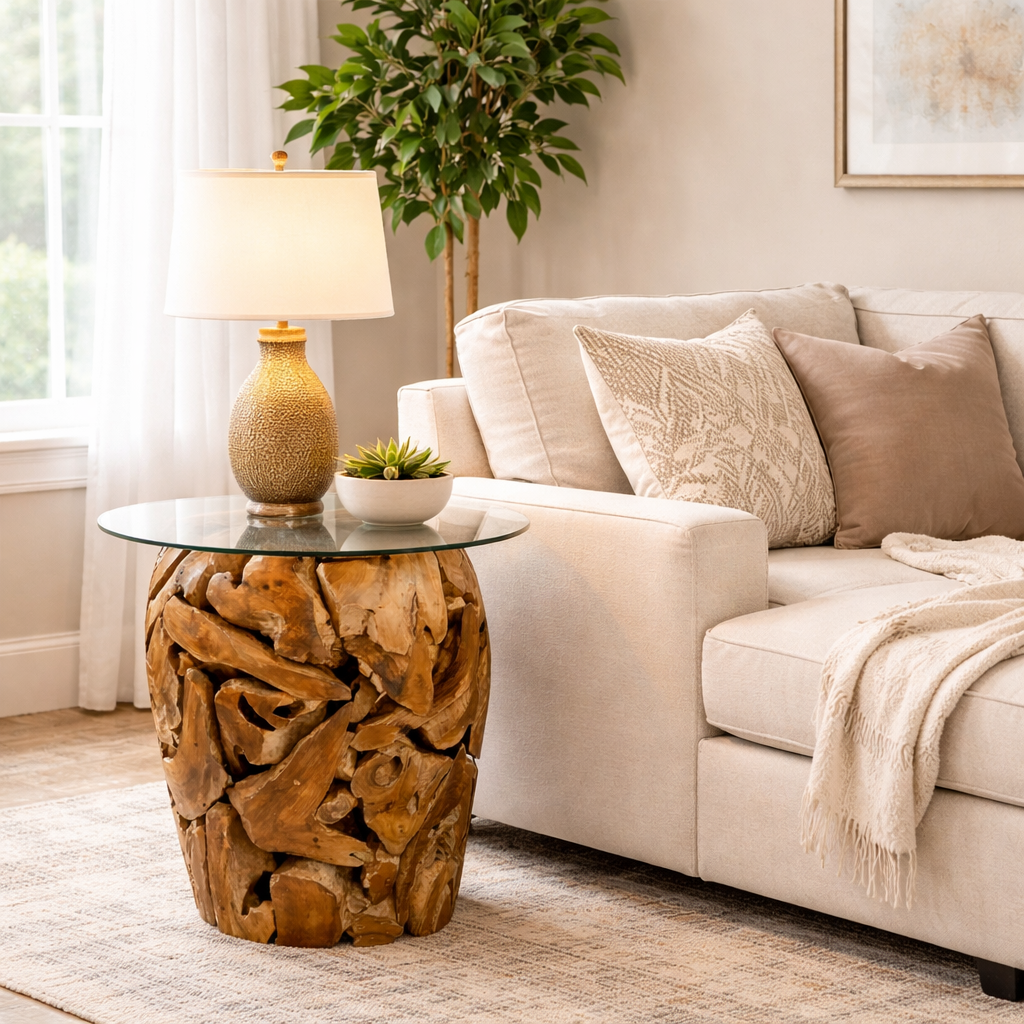 Wurzelholz Beistelltisch XILON Höhe 55 cm inkl. Glasscheibe Ø 60 CM