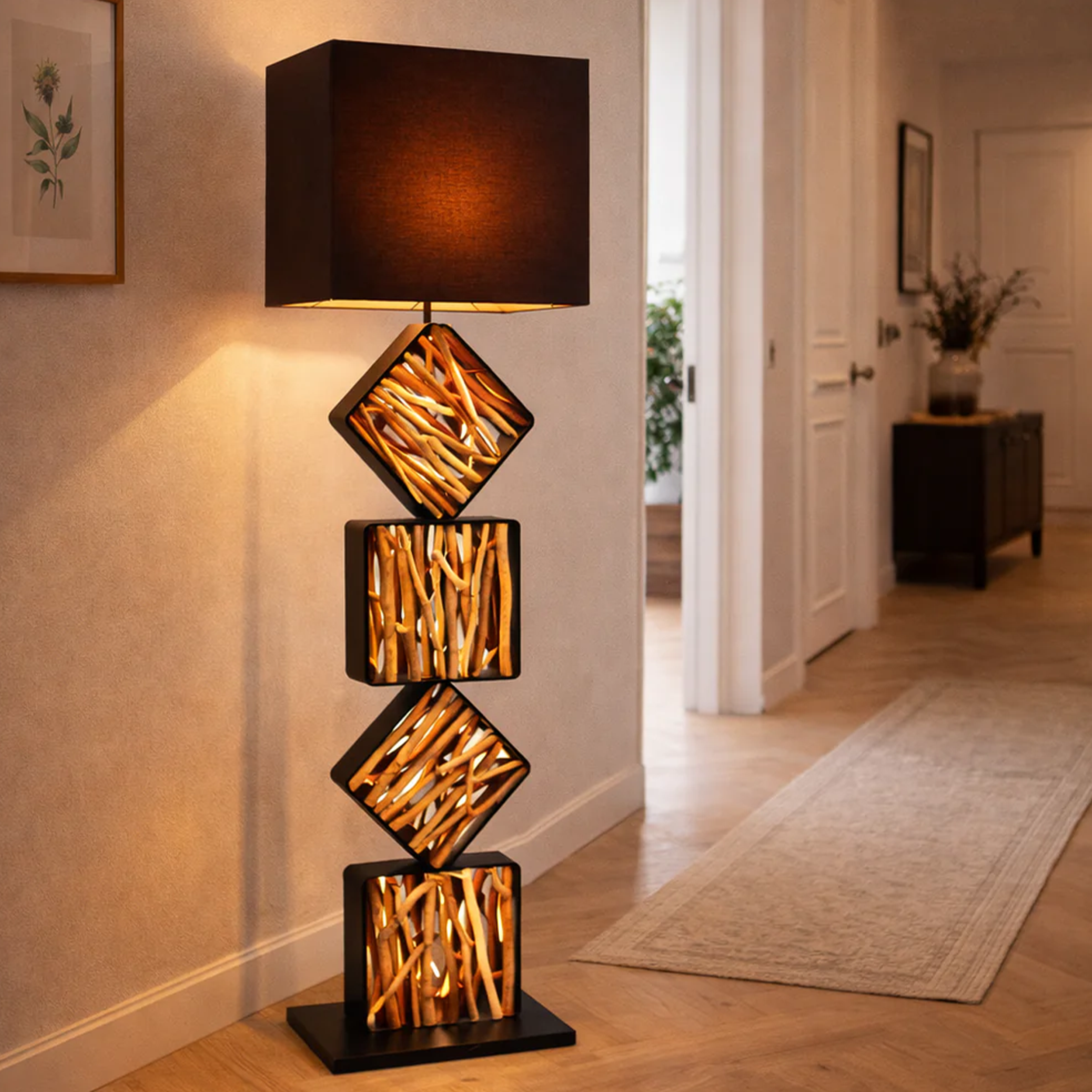 Design Stehlampe SAWA 155cm Treibholzlampe Schwarz-Gold