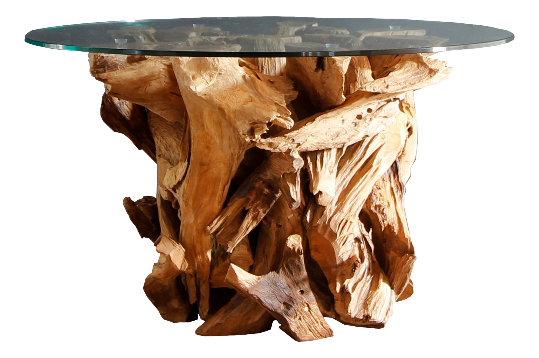 Handgearbeiteter Couchtisch IKAL Wurzelholz inkl. Glasscheibe Ø 80 cm