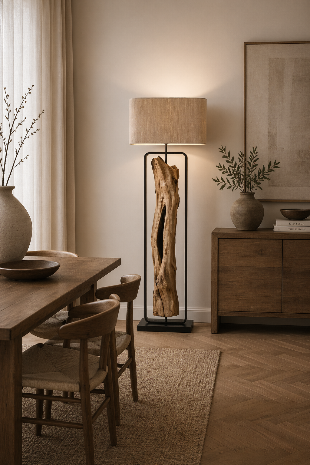 Treibholz Stehlampe Oliv 150 cm Lampenschirm Natur
