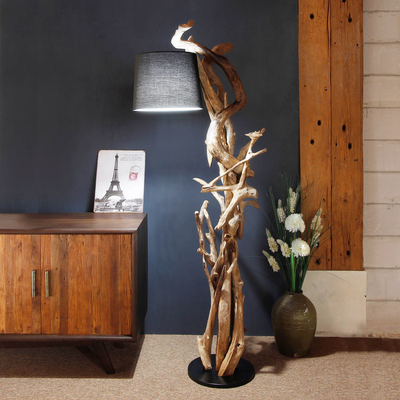 Wurzel Holz Lampe MORGAN inkl. Lampenschirm Schwarz