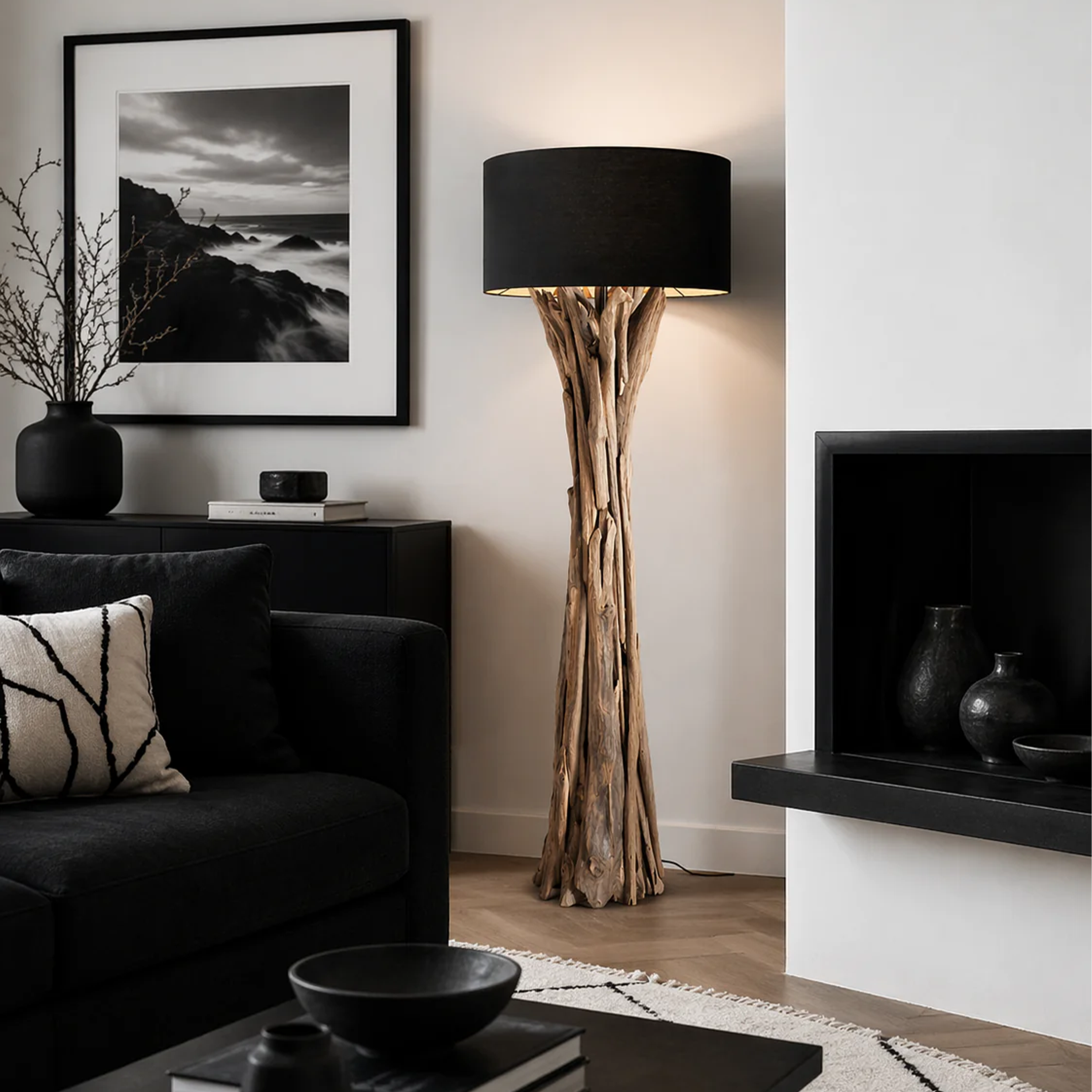 Treibholz Stehlampe Quinton Lampenschirm Schwarz / 195 cm