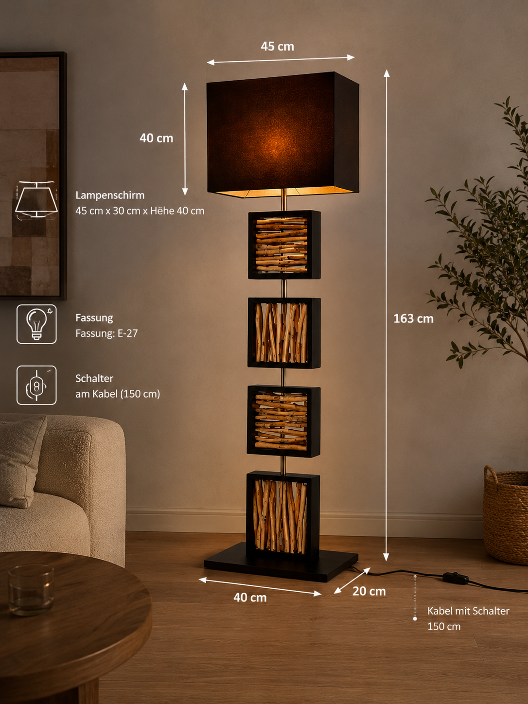 Design Stehlampe REMA 163cm Treibholzlampe