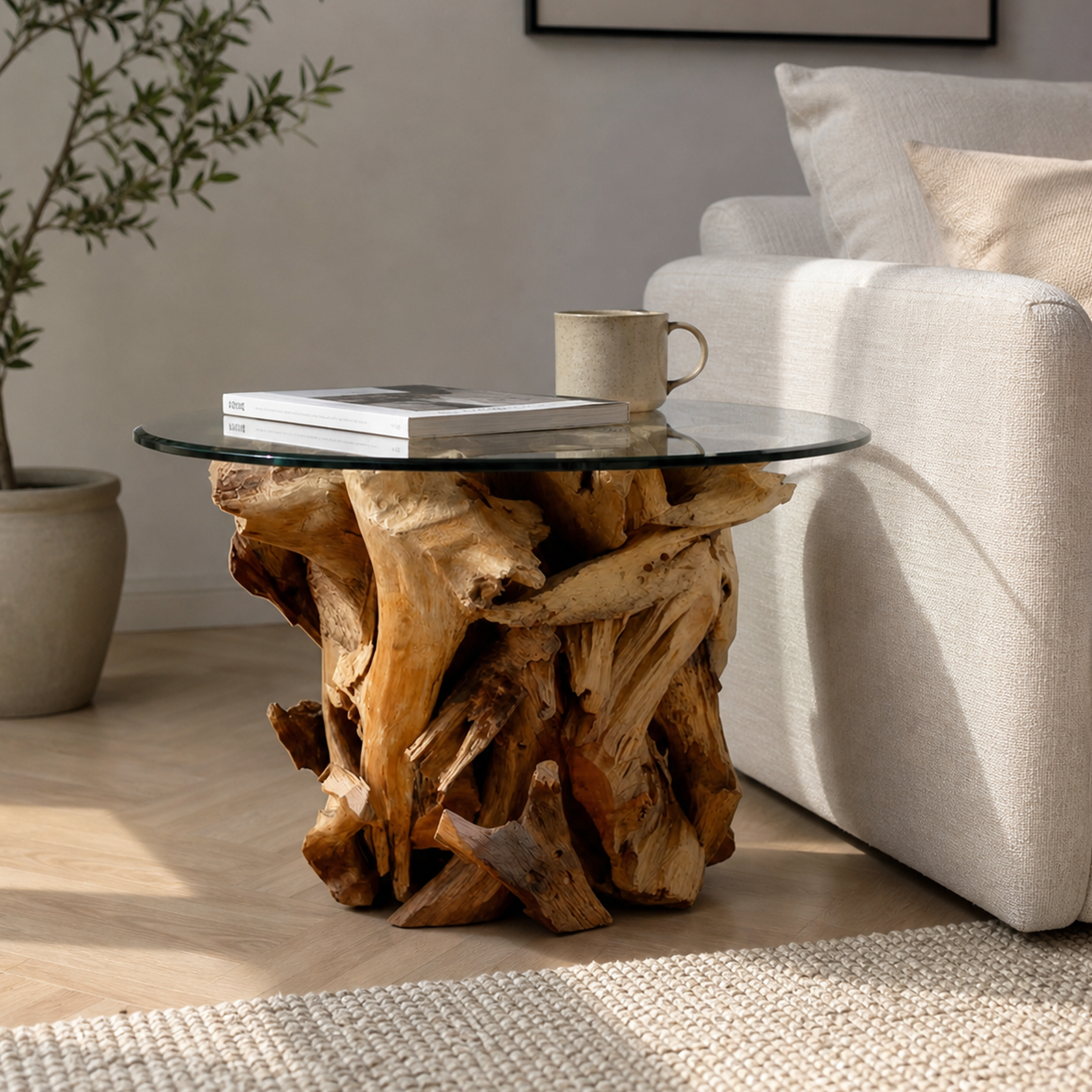 Handgearbeiteter Couchtisch IKAL Wurzelholz inkl. Glasscheibe Ø 80 cm