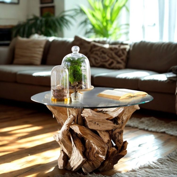 Wurzelholz Couchtisch rund mit Glasscheibe von Exotischerleben