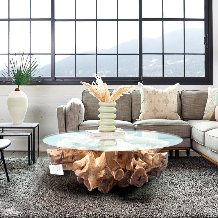 NAGA Couchtisch aus Wurzelholz rund Ø 100 cm mit Glasplatte