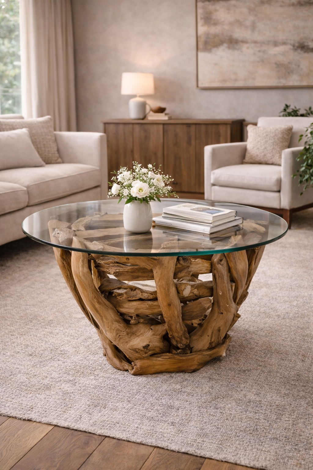 Wurzeltisch ZEN aus Wurzelholz inkl. Glasscheibe Ø 80 cm