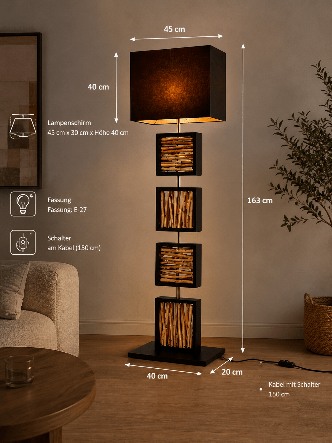 Designerska lampa podłogowa REMA 163cm lampa z drewna wyrzuconego na brzeg