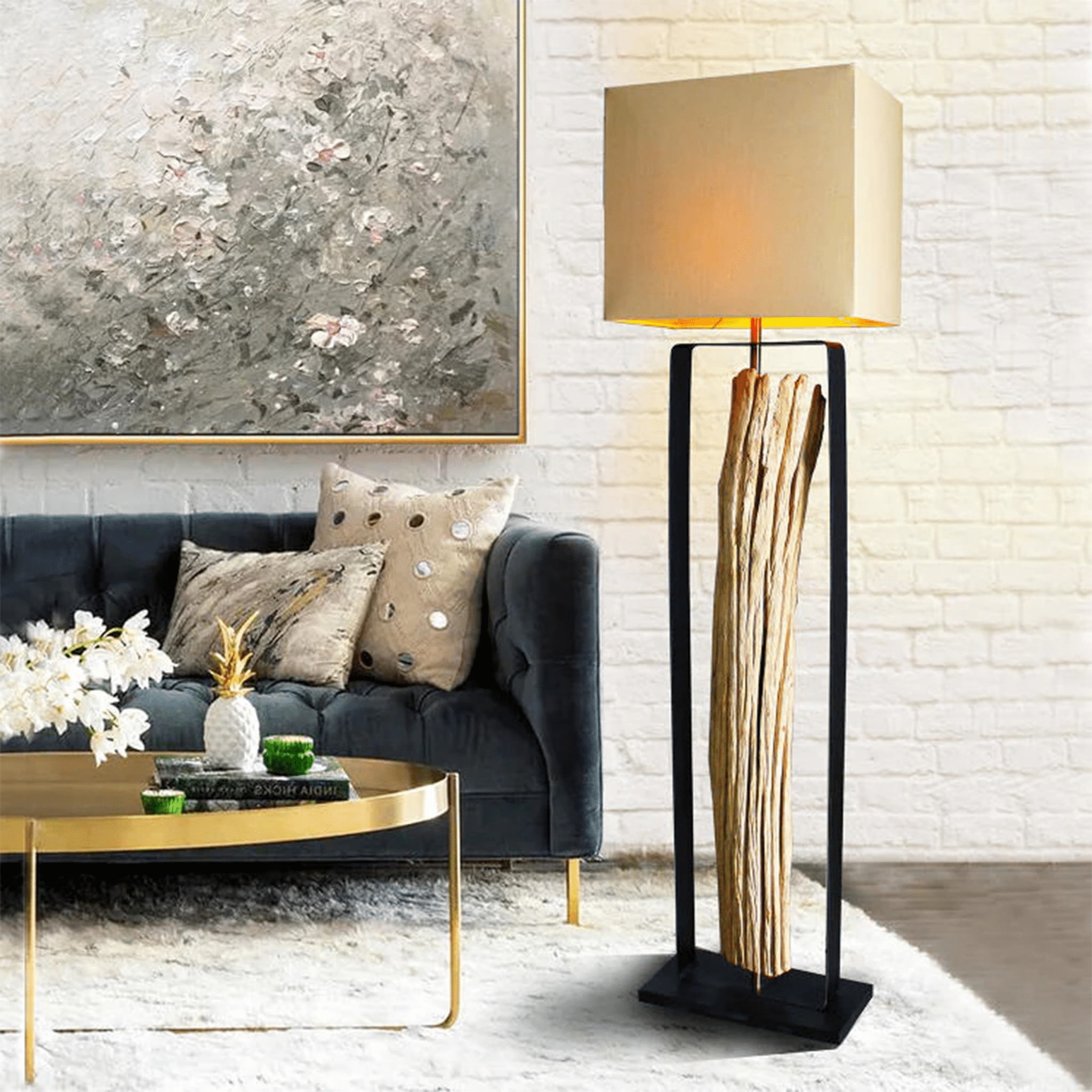 Designová stojací lampa WANA 165cm dřevěný kufr vč. přírodní stínidlo