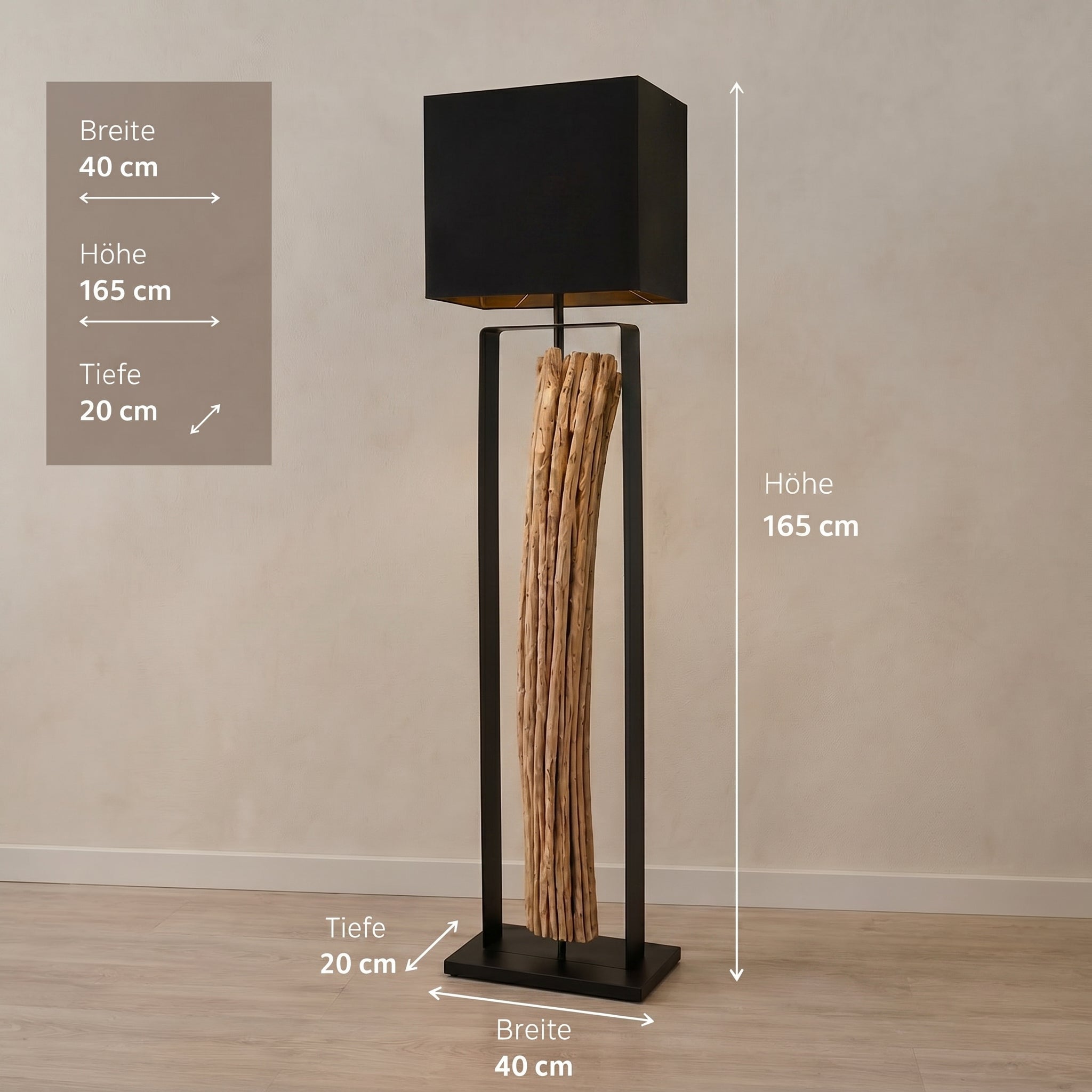 Designová stojací lampa WANA 165cm dřevěný kufr vč. černé stínidlo
