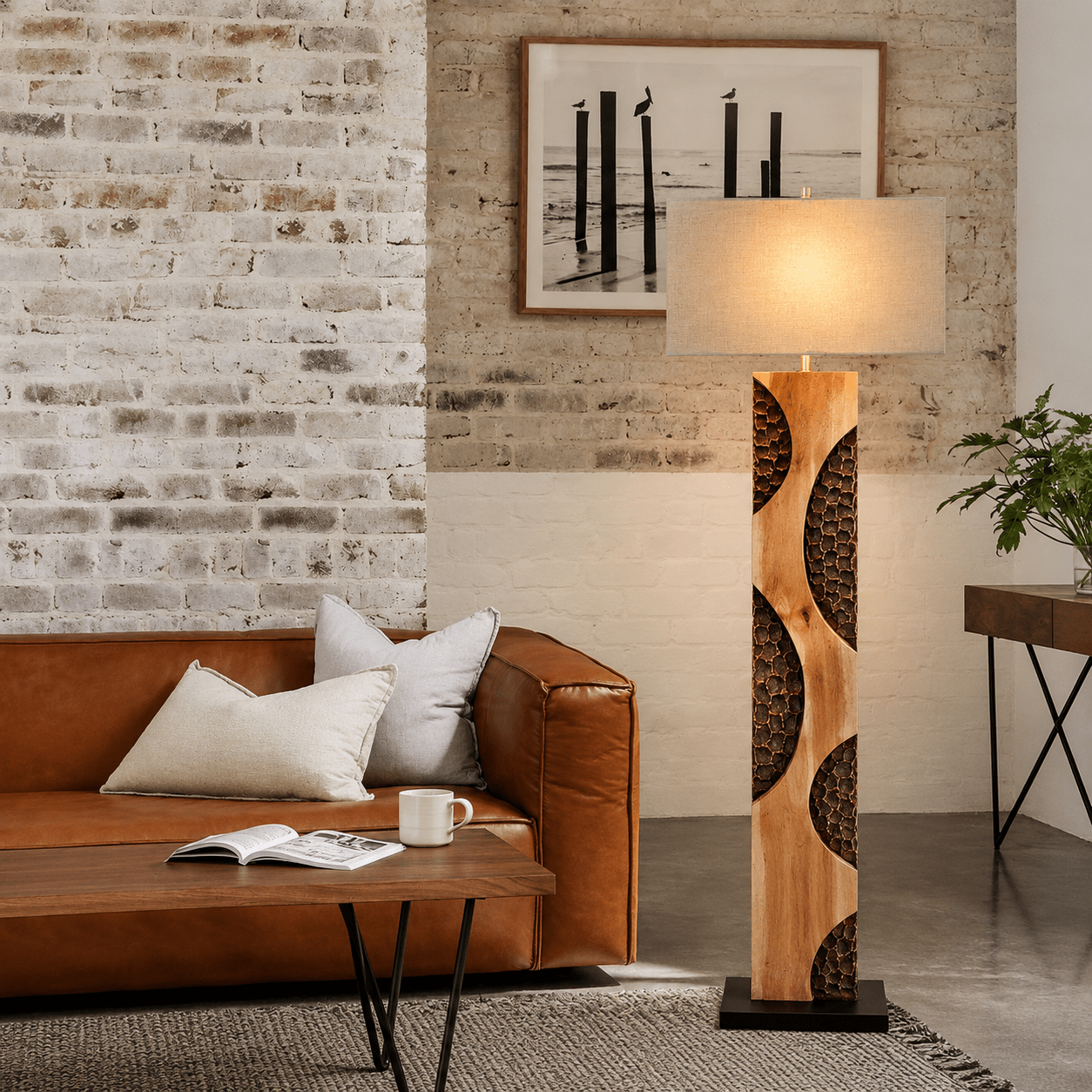 Holz Stehlampe AMAZONIA 170cm Leinenschirm Handarbeit