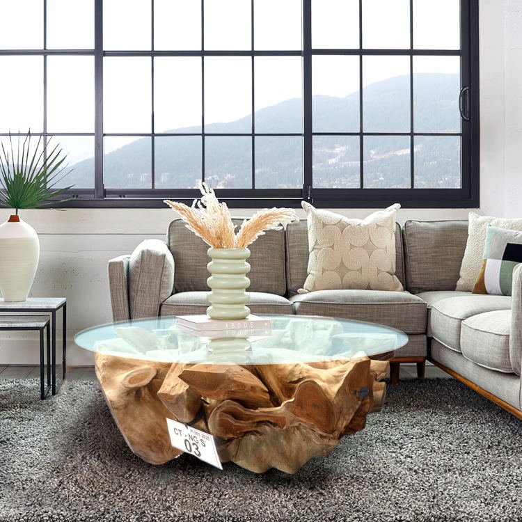Root table around 100 cm glass pane