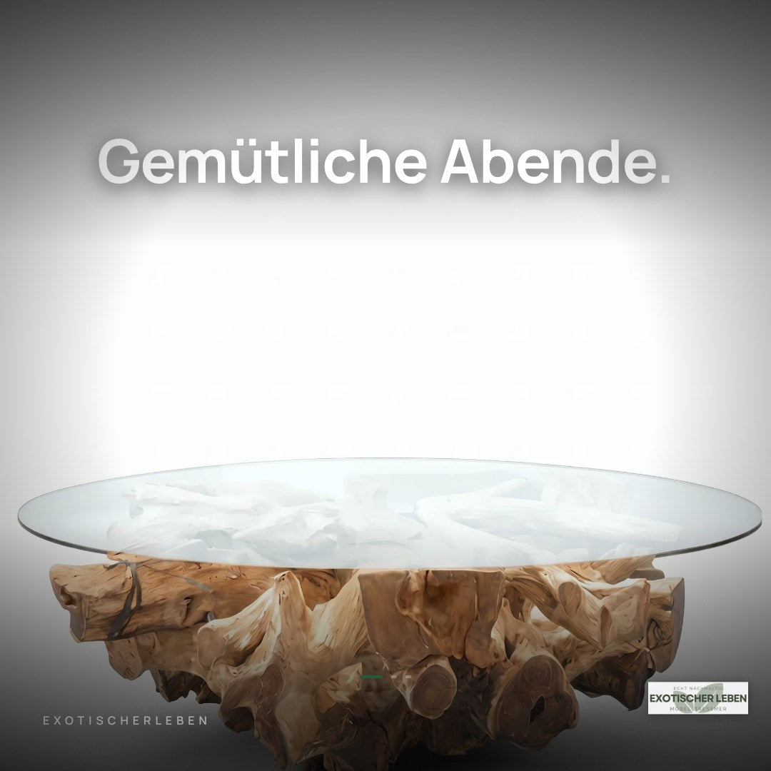NAGA Couchtisch aus Wurzelholz rund Ø 100 cm mit Glasplatte