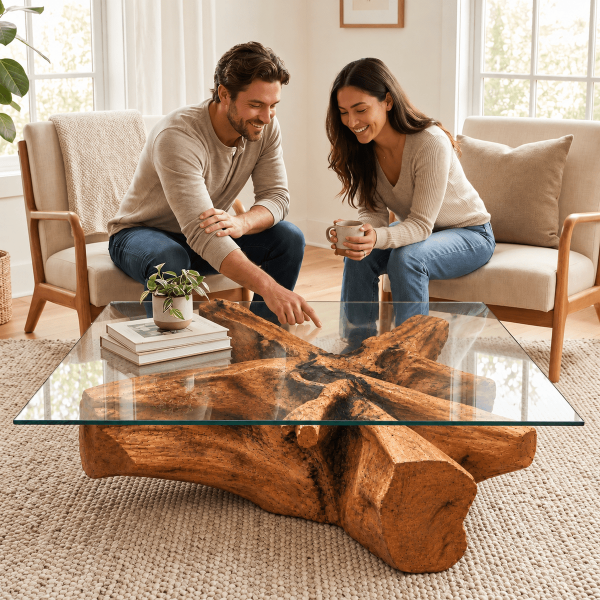 Ricken Couchtisch aus Wurzelholz Inkl. Glasplatte 120×100cm
