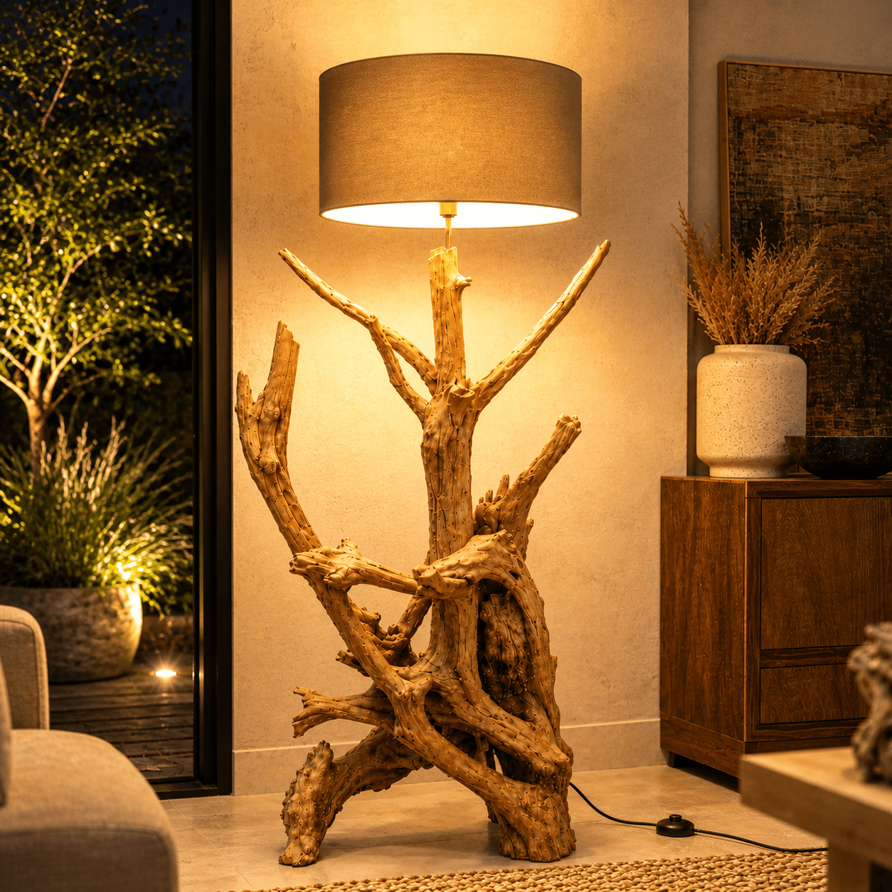 Stojací lampa Teak Root RIAZ | vč. stínidla