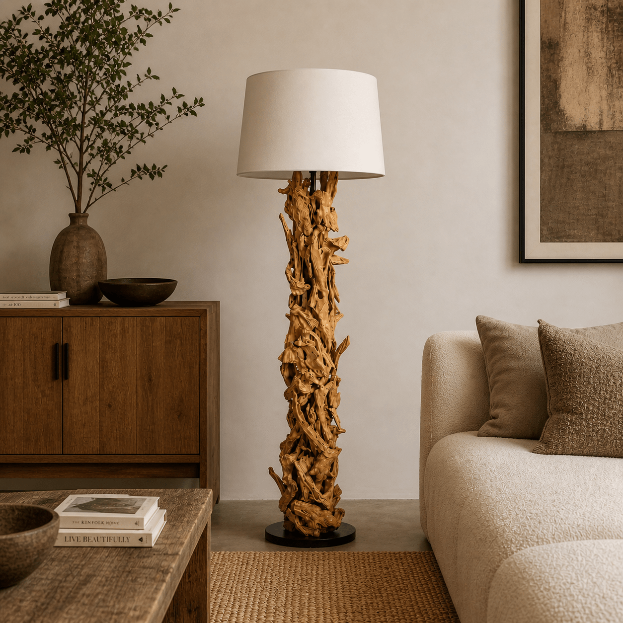 Stojací lampa naplavené dříví CLEON | Výška 165 cm | Příroda stínidla