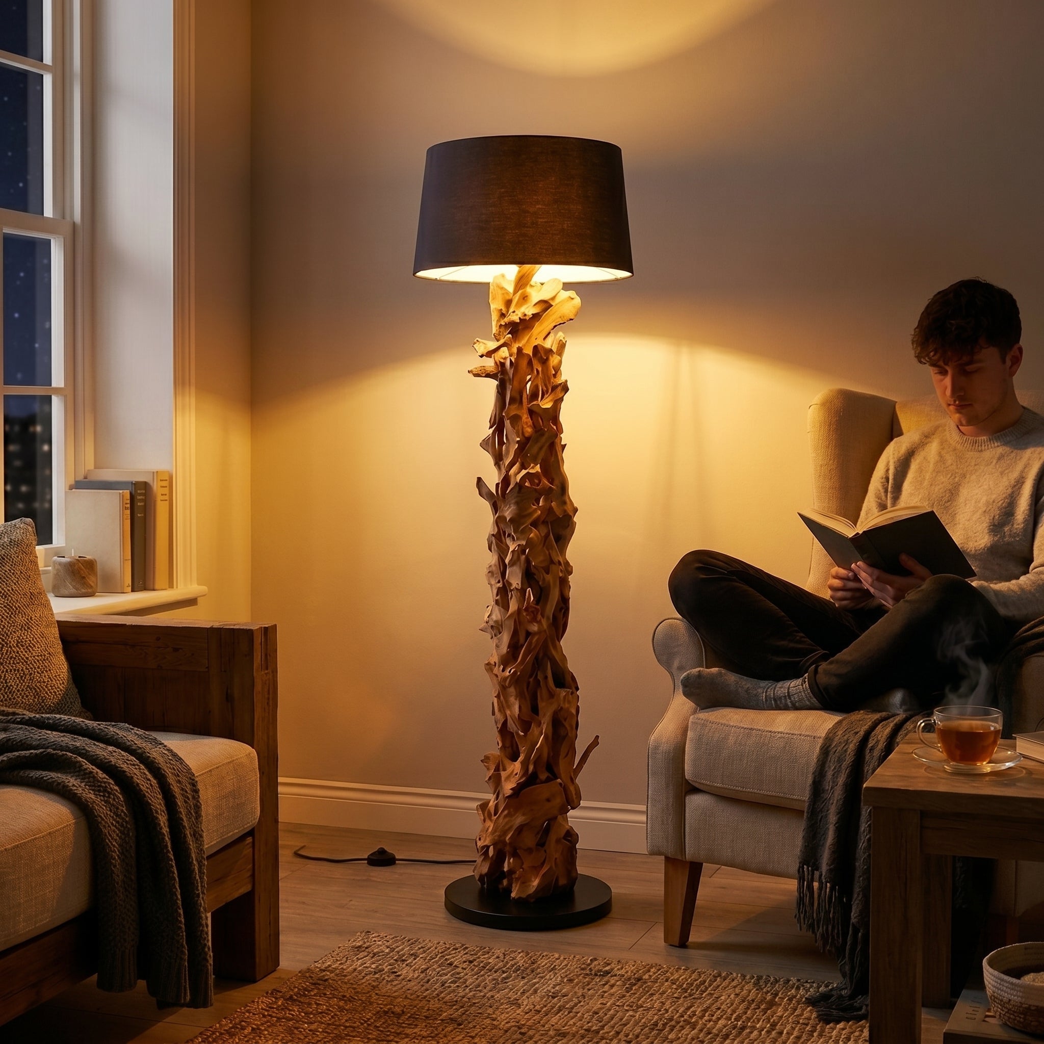 Stojací lampa naplavené dříví CLEON | Výška 165 cm | Černé stínidlo