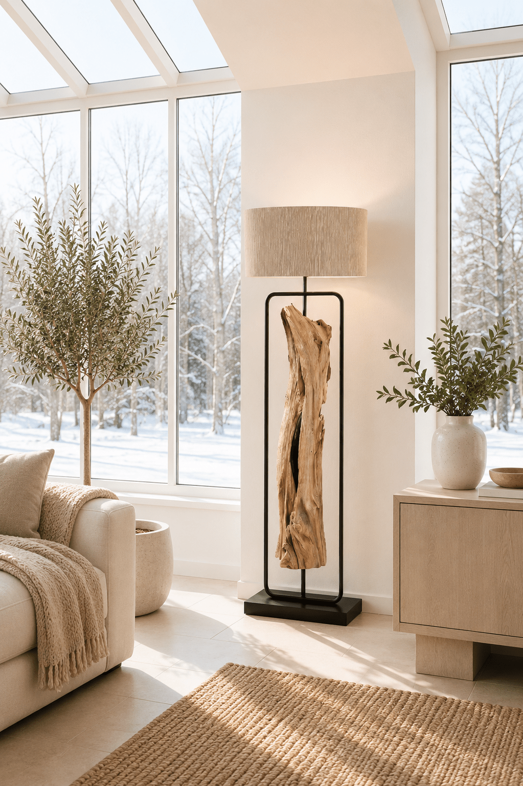 Stojací lampa z naplaveného dřeva olivová 150 cm přírodní stínidlo