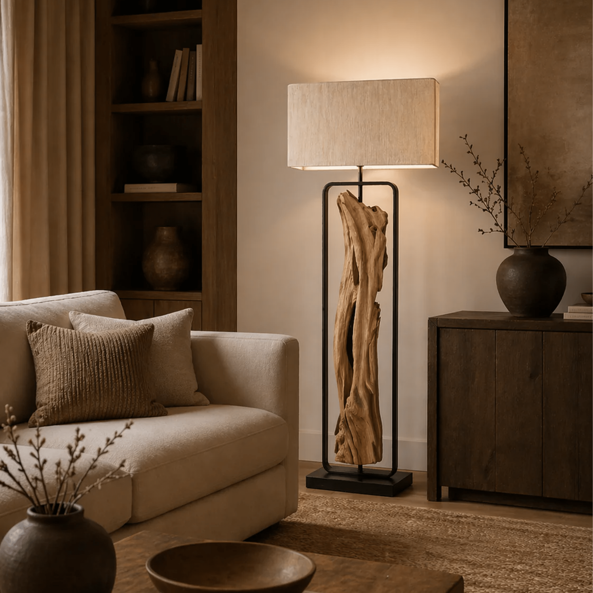 Stojací lampa z Driftwood olivová 192 cm, přírodní stínidlo