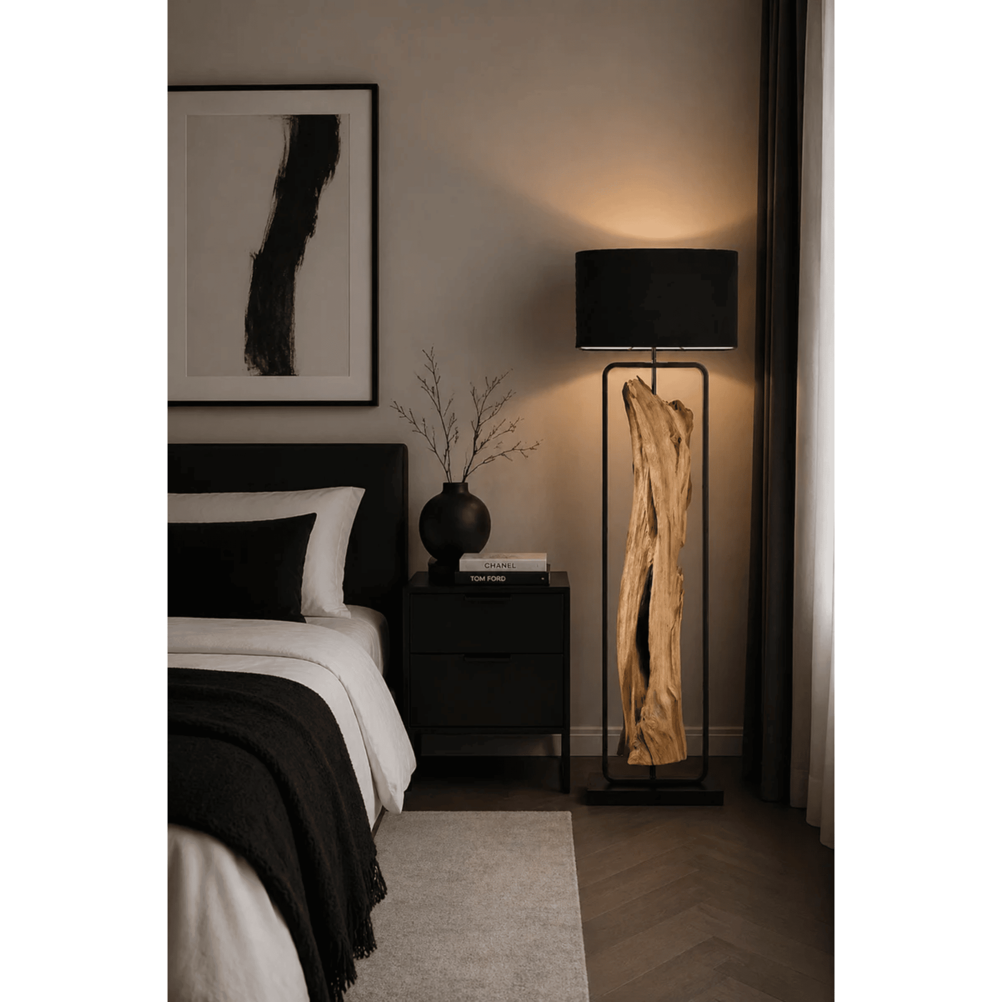 Stojací lampa Driftwood olivová 192 cm, černé stínidlo