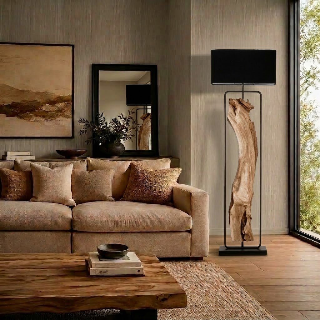 Lampa podłogowa Driftwood oliwkowa 192 cm, czarny klosz