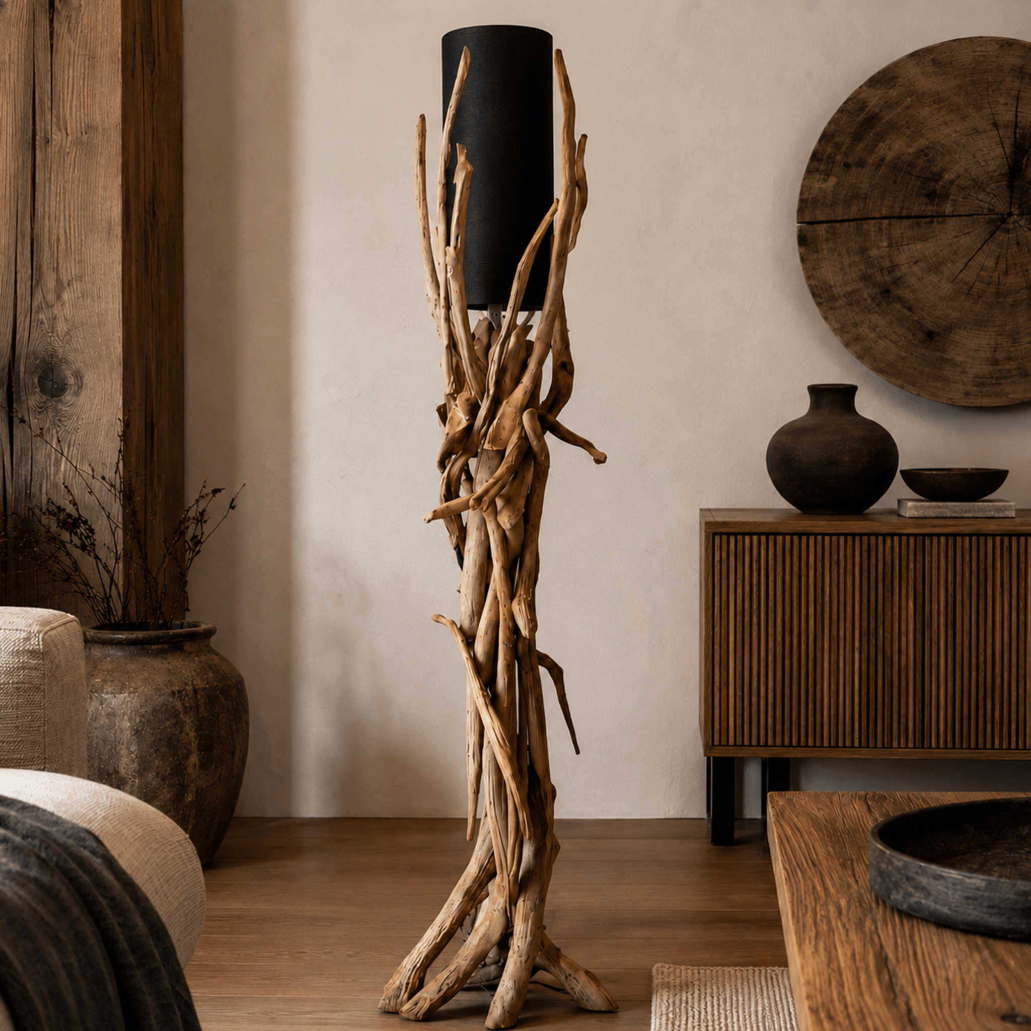 Stojací lampa Driftwood VILLA stínidlo černé 180 cm