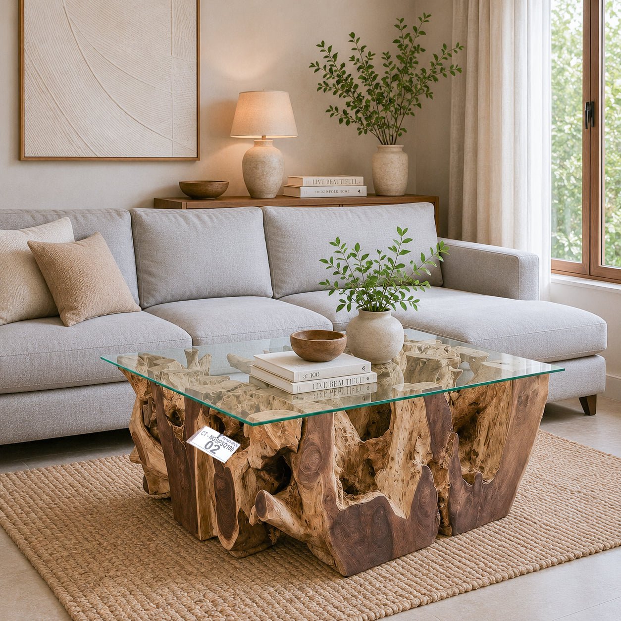 Table basse racine NAGA avec plateau en verre 110 cm x 110 cm