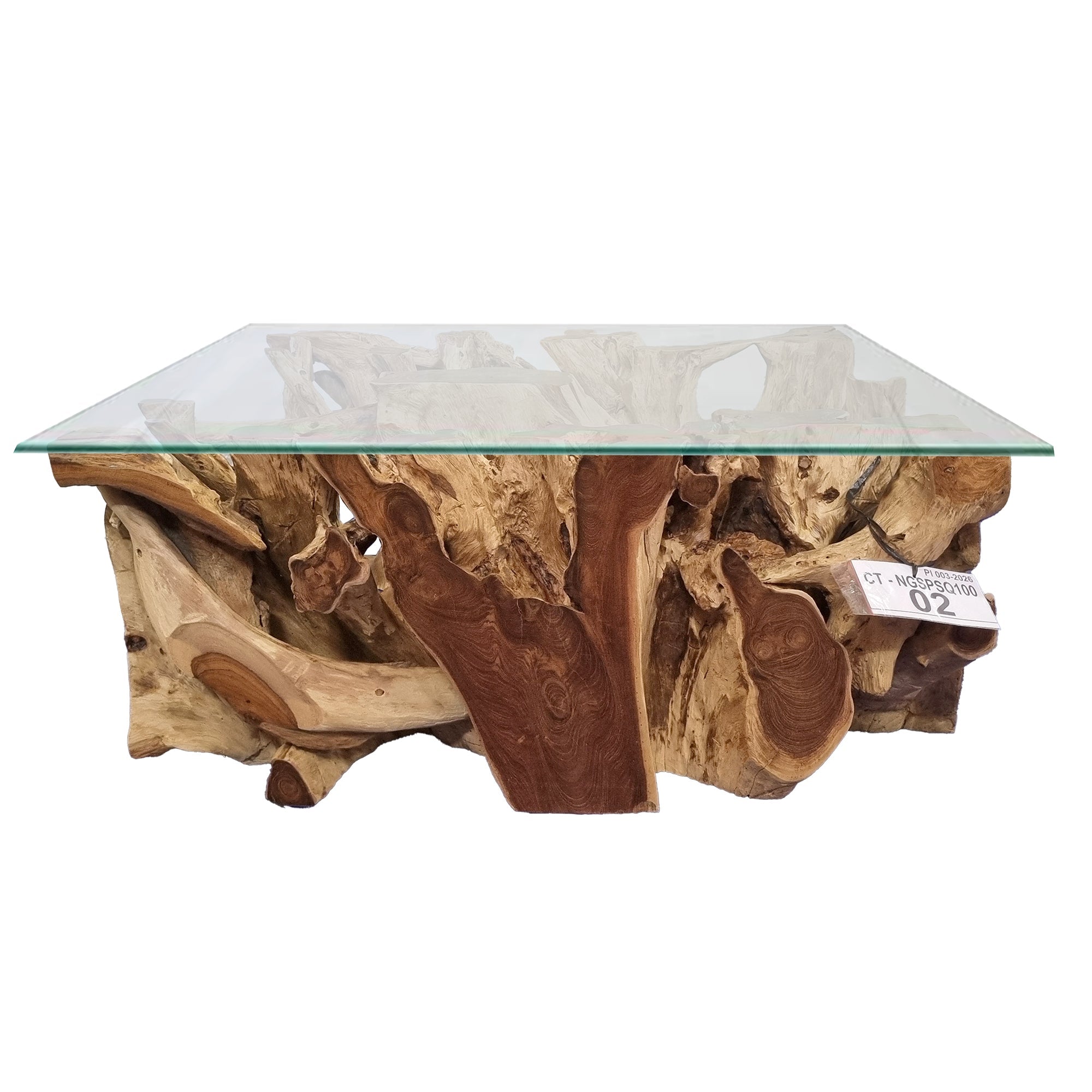Table basse racine NAGA avec plateau en verre 110 cm x 110 cm