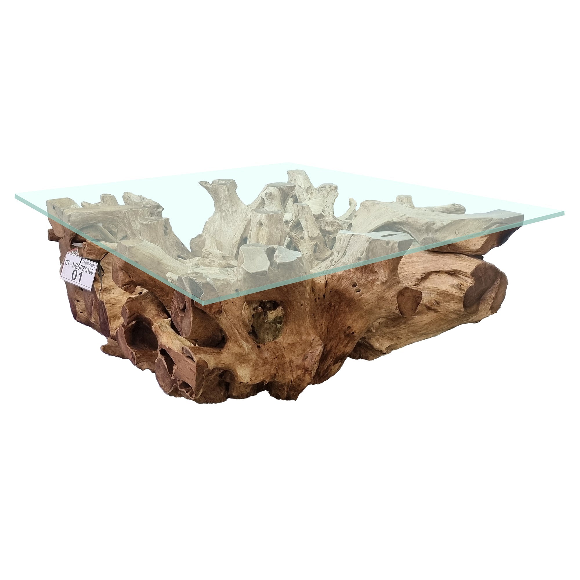 Table basse racine NAGA avec plateau en verre 110 cm x 110 cm