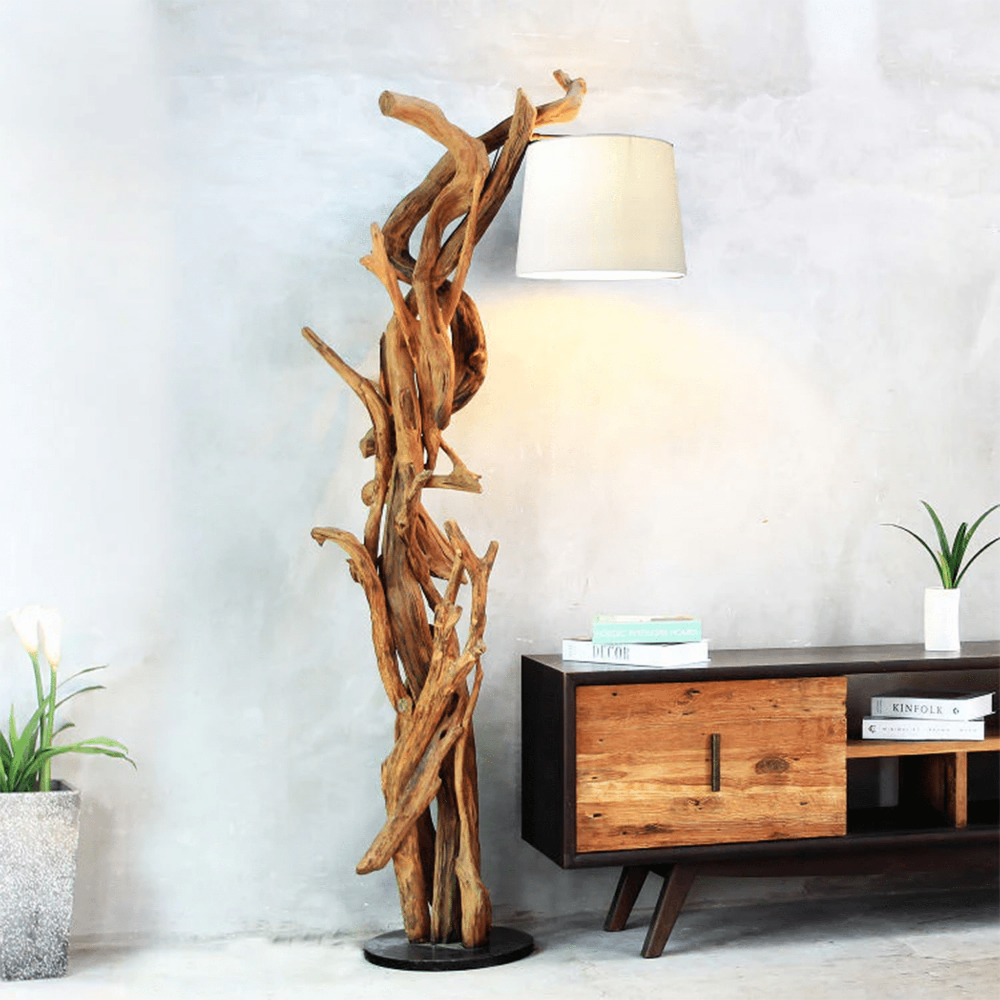 Kořenová dřevěná lampa MORGAN vč. přírodní stínidlo