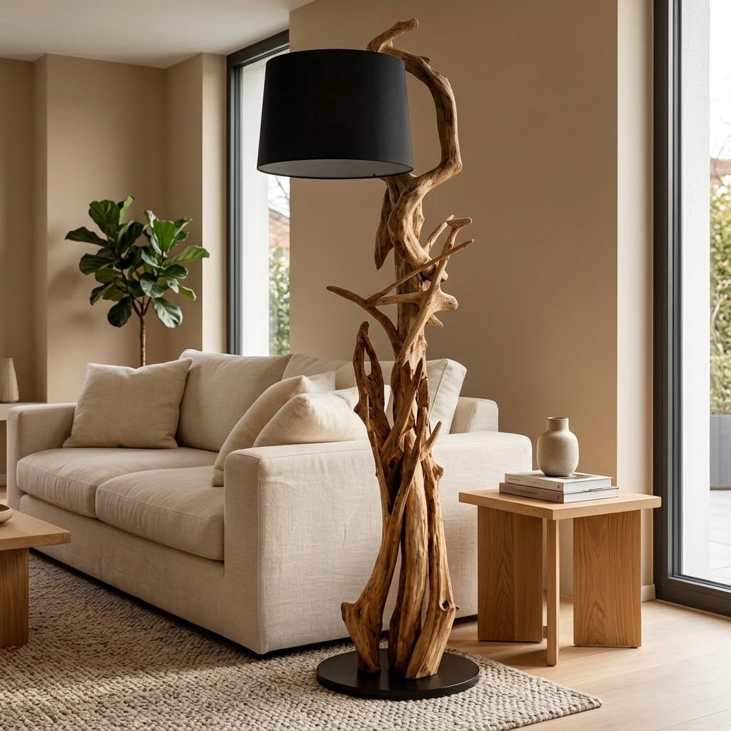 Wurzel Holz Lampe MORGAN inkl. Lampenschirm Schwarz