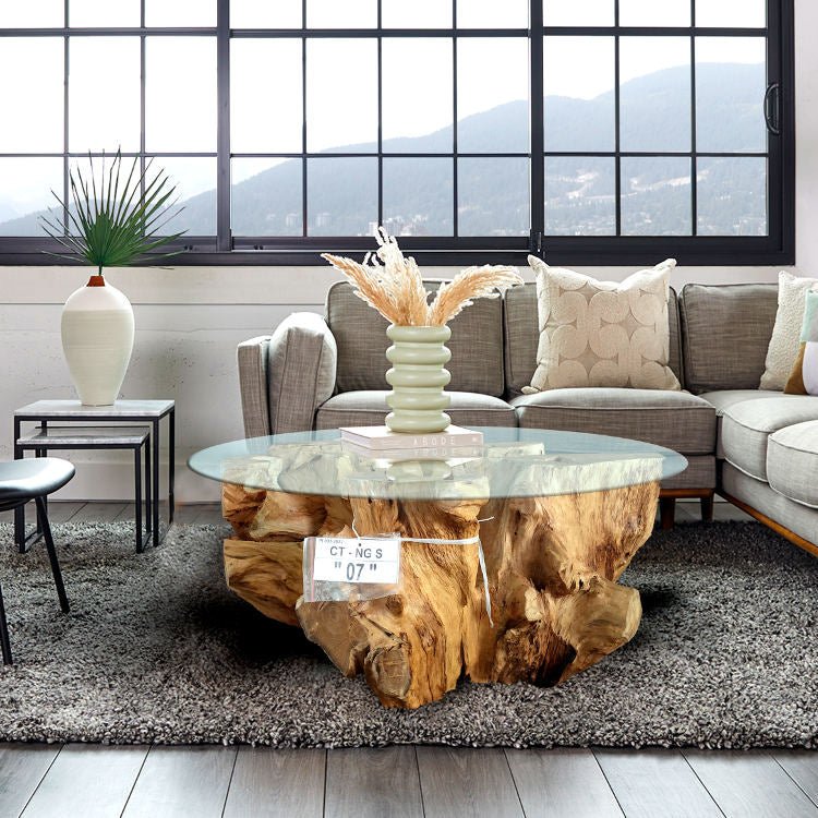 Wurzelholz Couchtisch rund mit Glasscheibe