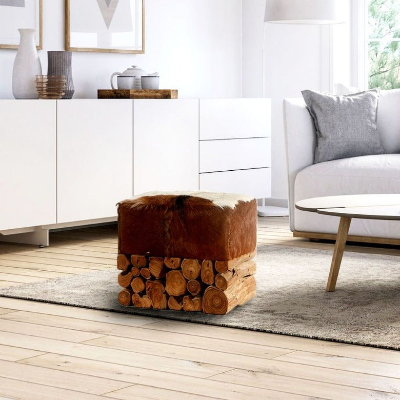 Teak Holz Hocker mit Fell von Exotischerleben