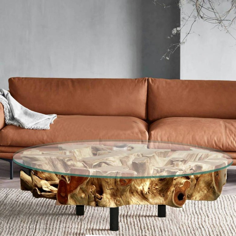 Couchtisch Wurzel NAGA inkl. Glasplatte Ø 100cm - Exotischerleben