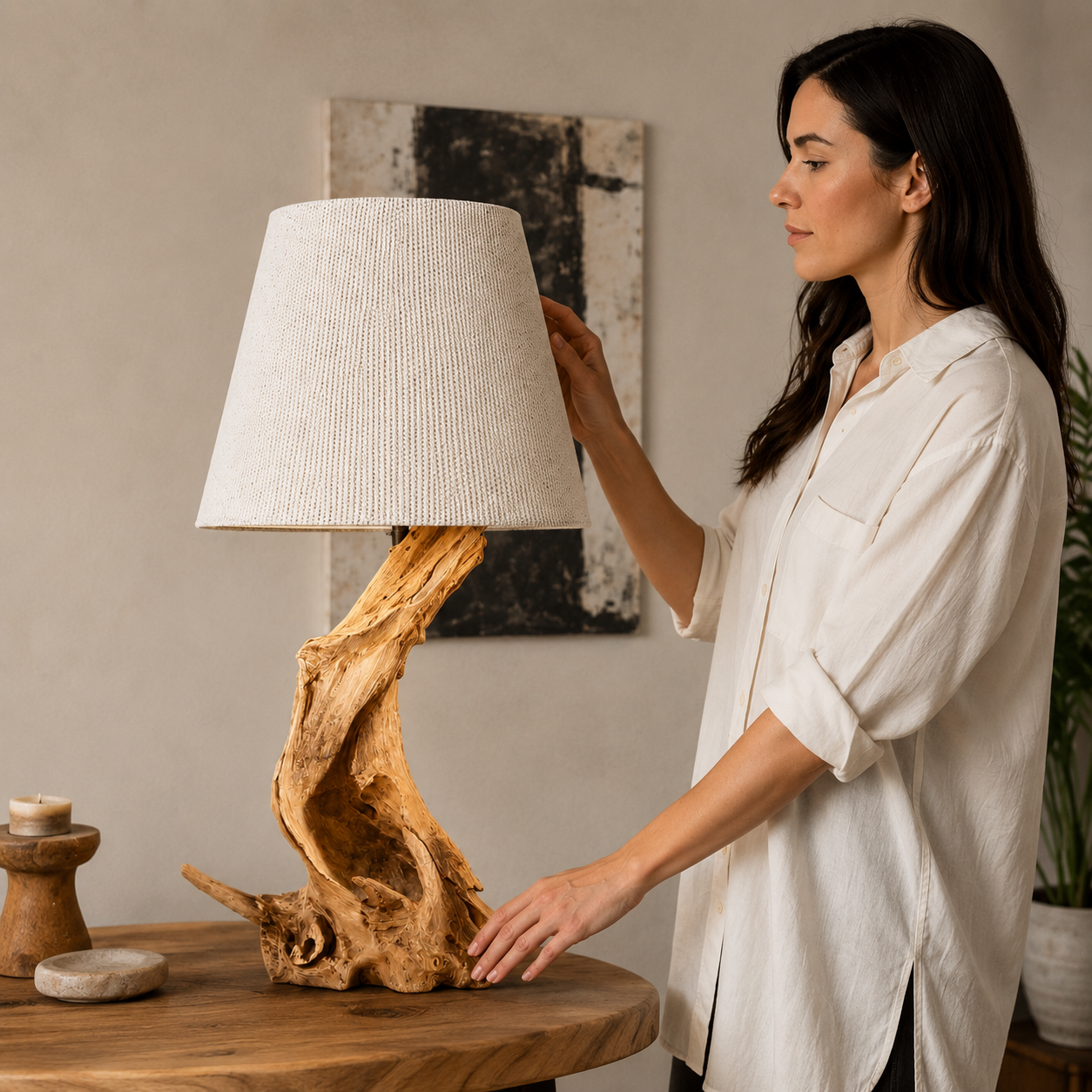 Candeeiro de raiz em madeira flutuante design ZOILA altura 65 cm