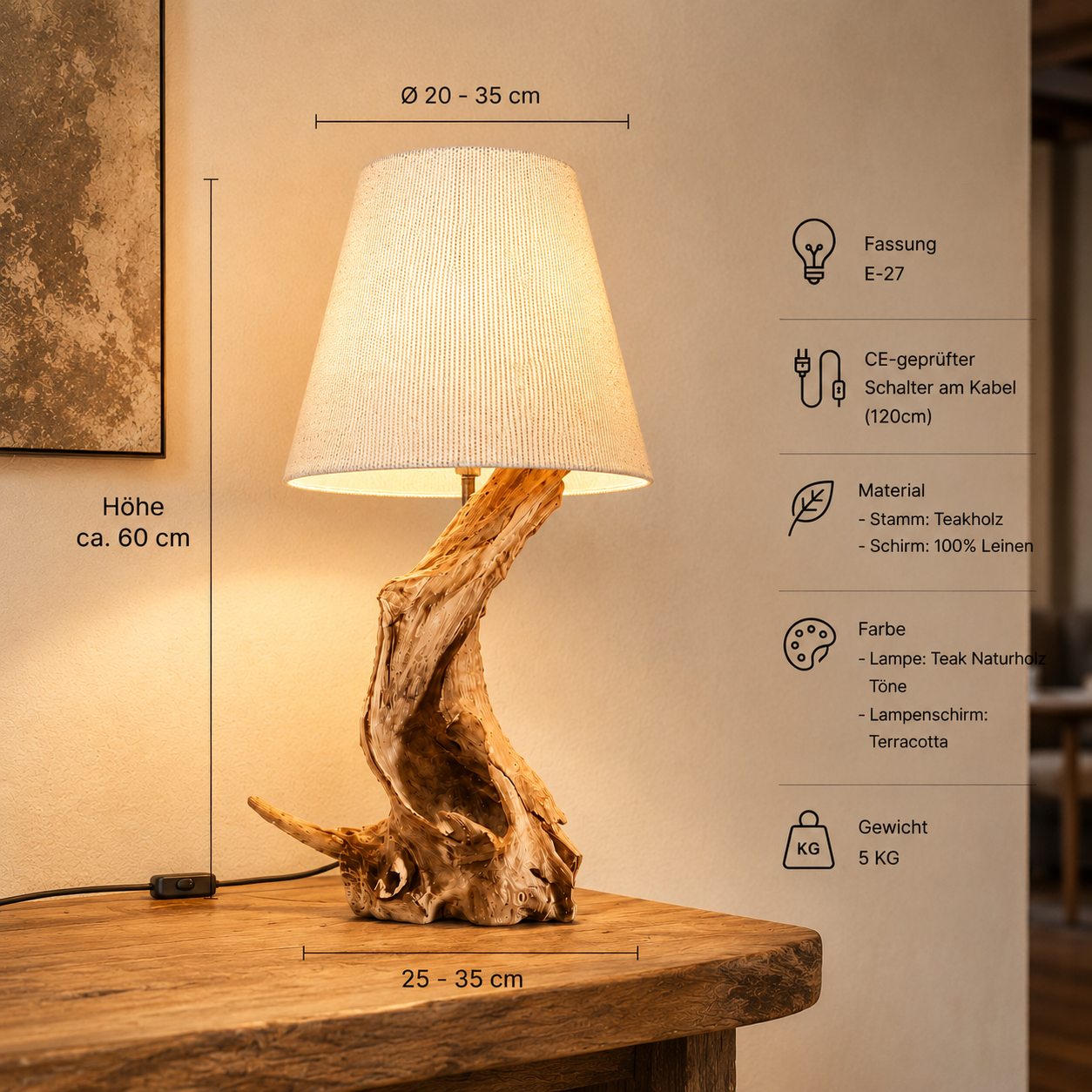 Candeeiro de raiz em madeira flutuante design ZOILA altura 65 cm