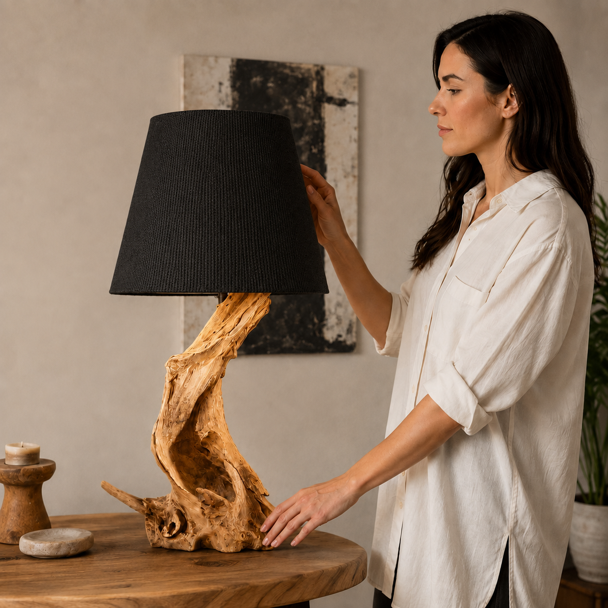 Candeeiro de raiz em madeira flutuante design ZOILA altura 65 cm