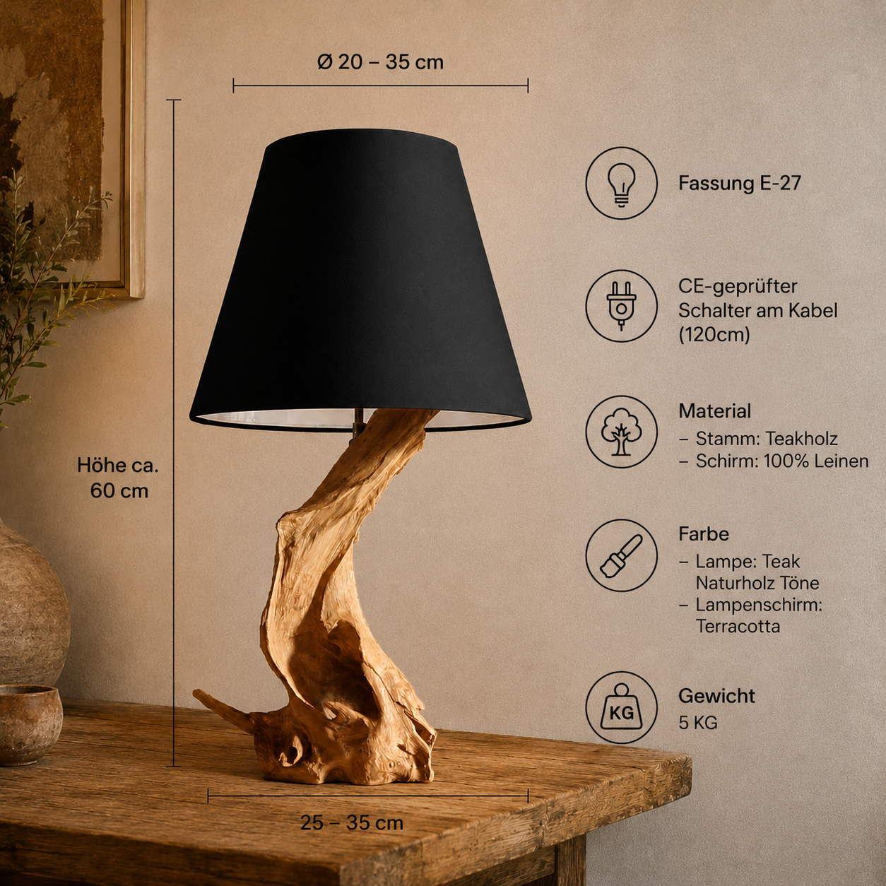 Candeeiro de raiz em madeira flutuante design ZOILA altura 65 cm