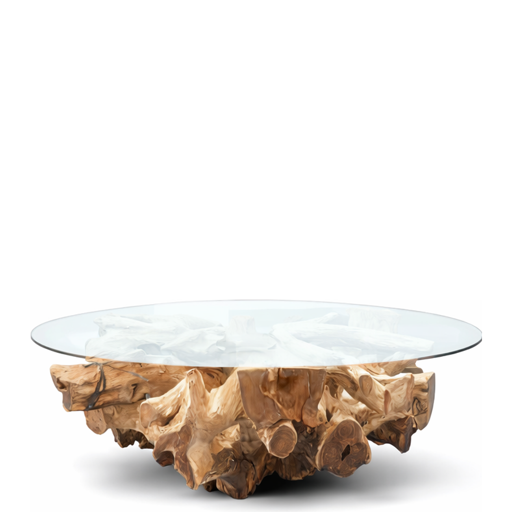 NAGA Couchtisch aus Wurzelholz rund Ø 100 cm mit Glasplatte
