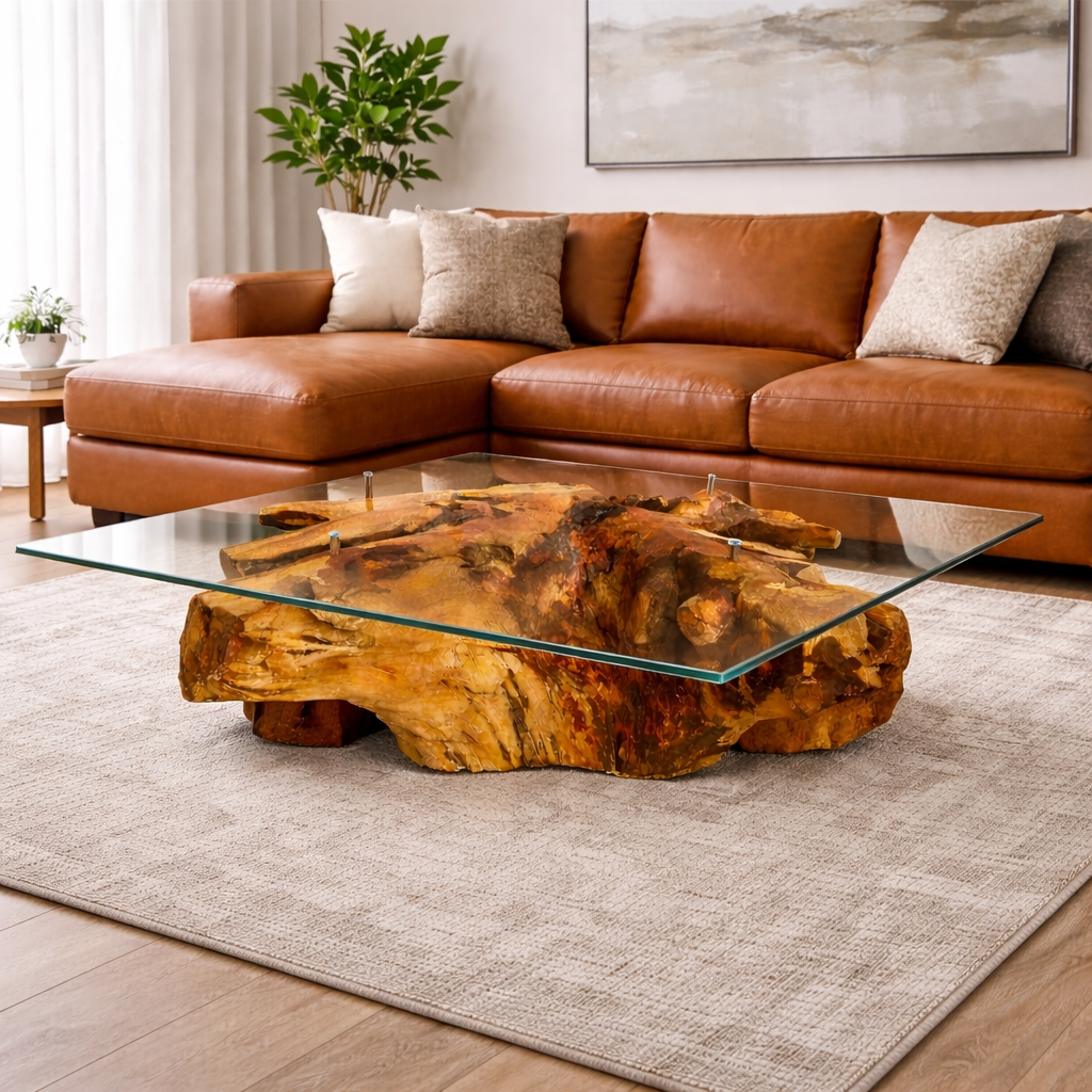 Ricken Couchtisch aus Wurzelholz Inkl. Glasplatte  120×100cm