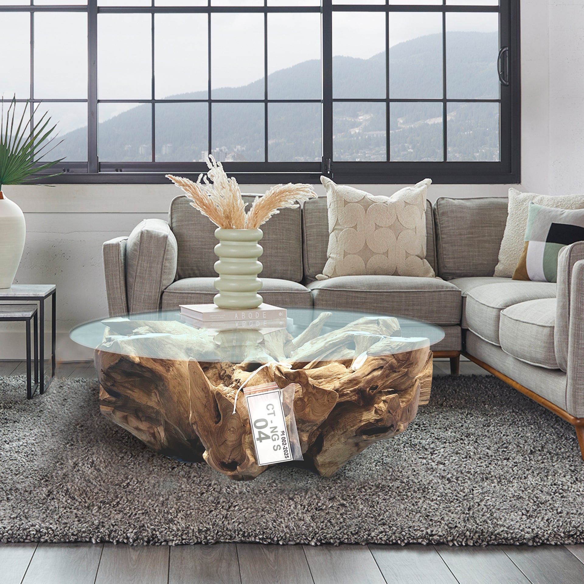 NAGA Couchtisch aus Wurzelholz rund Ø 100 cm mit Glasplatte