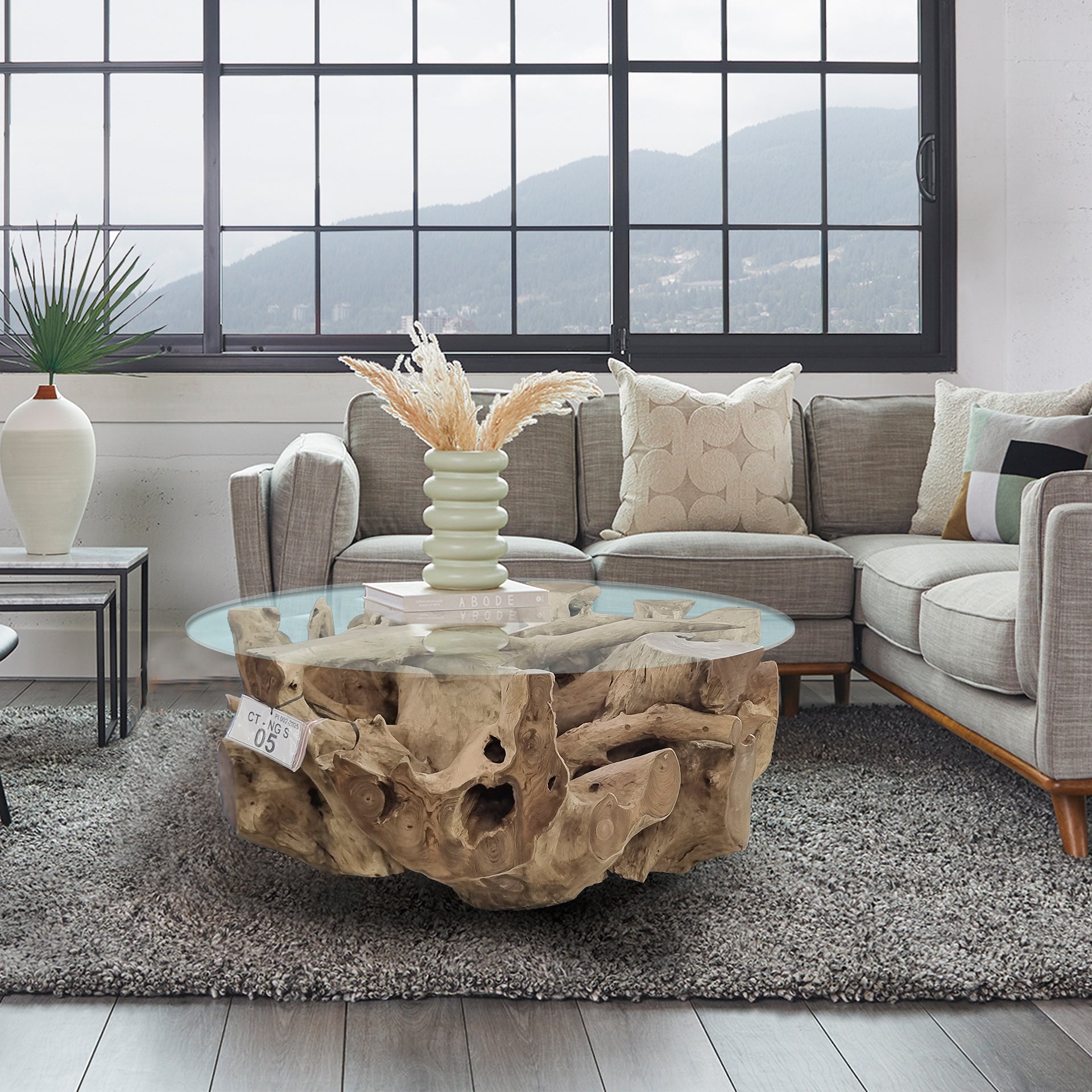 NAGA Couchtisch aus Wurzelholz rund Ø 100 cm mit Glasplatte