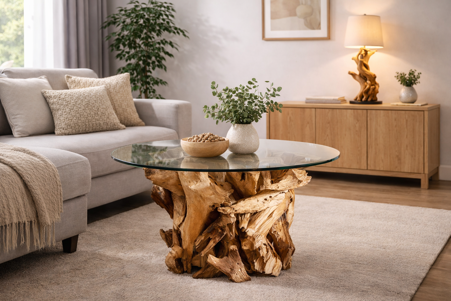 Handgearbeiteter Couchtisch IKAL Wurzelholz inkl. Glasscheibe Ø 80 cm