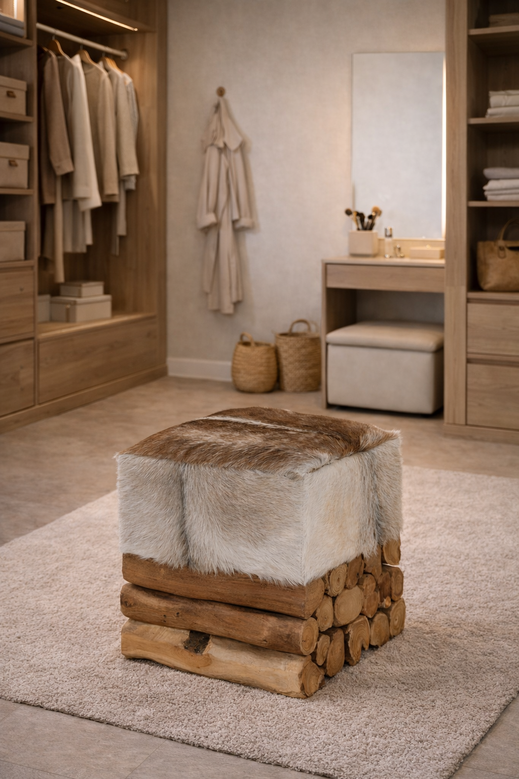 Teak Wurzelholz Hocker BARON mit Ziegenfell