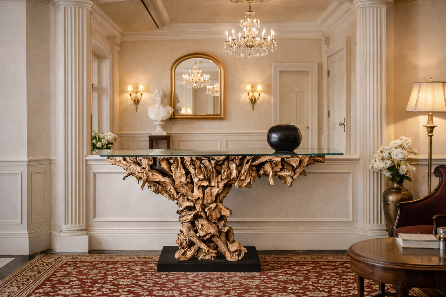 Teak Wurzel Sideboard REGINA Glasplatte 160cm