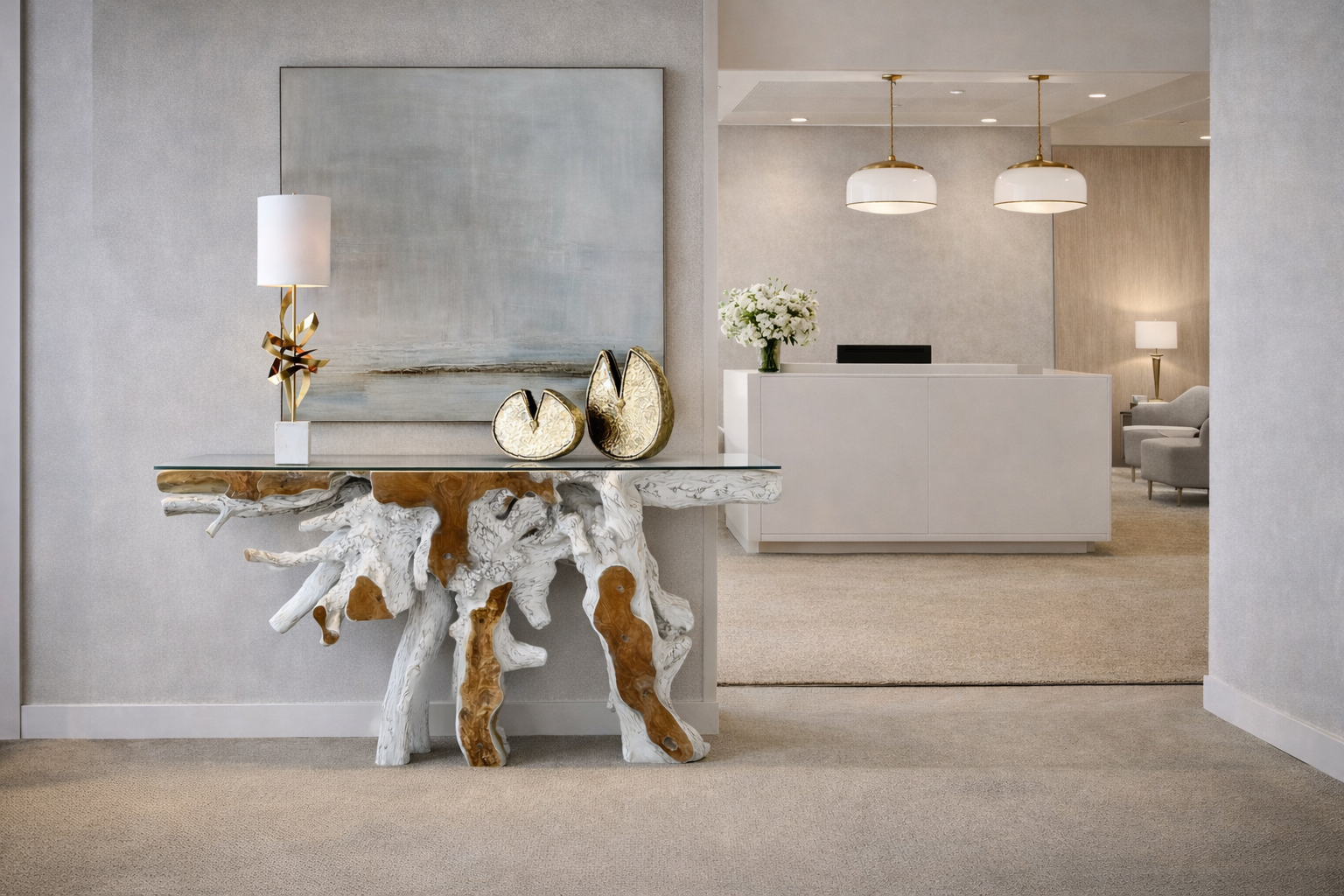 NAGA Wurzel Sideboard 160 cm - white washed | inkl. Glasplatte