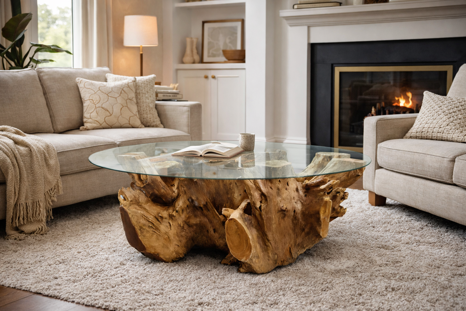 NAGA Couchtisch Wurzel rund Ø 120 cm inklusiv Glasplatte